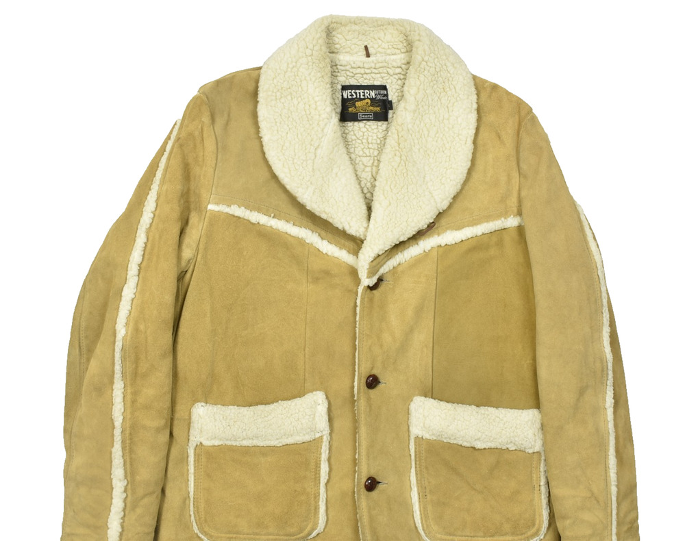 Sears Western Outdoor Wear Vintage Tan Suede Leather Sherpa Lined Jacket Size L
